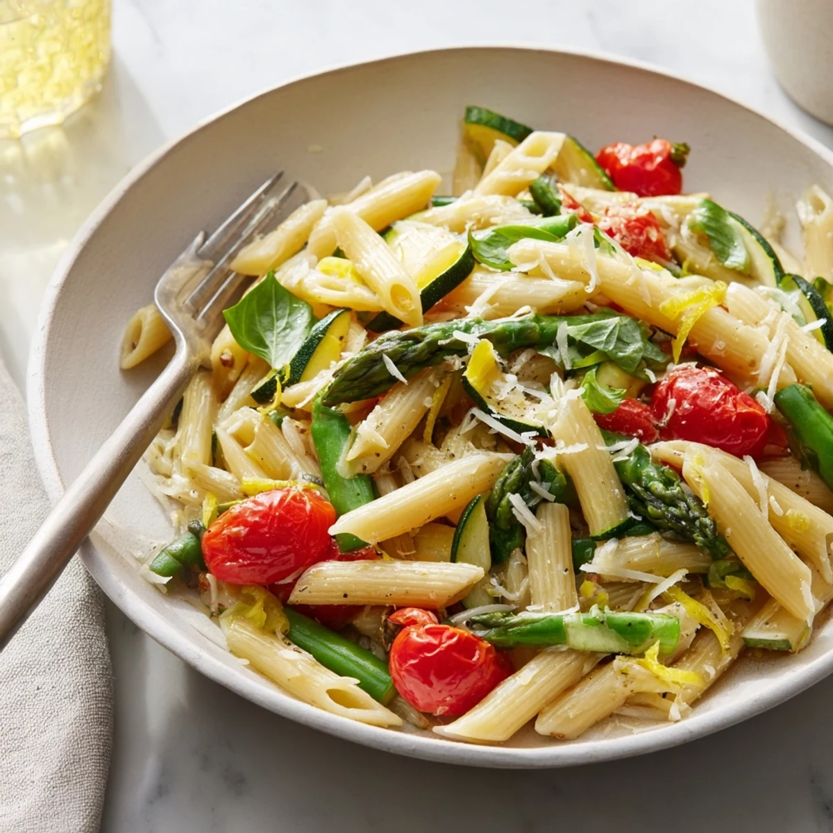 Steamy one pot spring vegetable pasta tossed with asparagus, snap peas, and cherry tomatoes in a rich garlic parmesan sauce