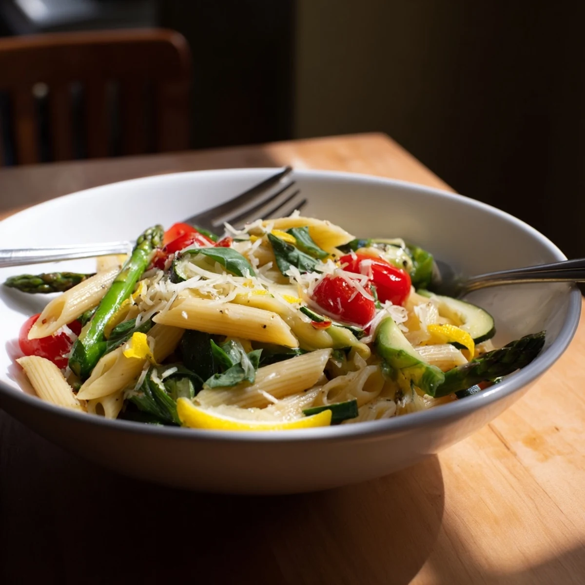 Colorful penne pasta simmered with fresh zucchini, spinach, and spring vegetables in one skillet with lemon zest garnish