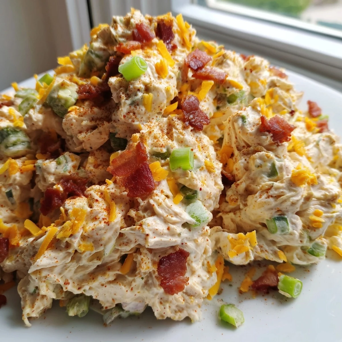 Creamy jalapeno popper keto chicken salad topped with crumbled bacon in a white bowl