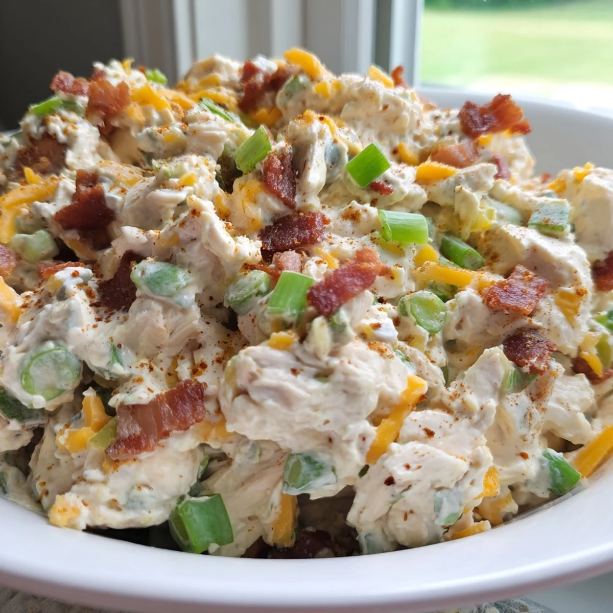 Spicy low carb chicken salad with diced jalapenos, cheddar cheese, and crispy bacon bits