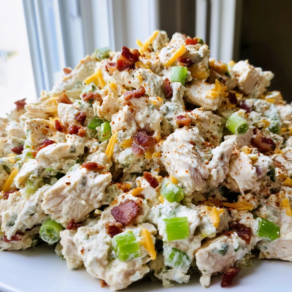 Keto jalapeno popper chicken salad served chilled with green onions and shredded cheddar