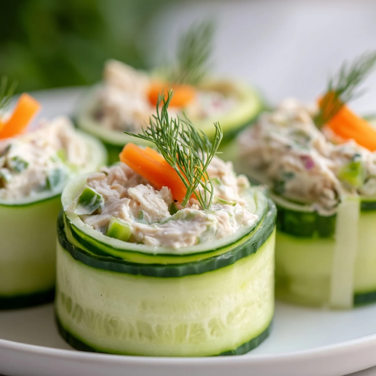 Bite-sized chicken salad cucumber roll ups featuring tender shredded chicken mixed with mayo and dill wrapped in thin sliced cucumber strips