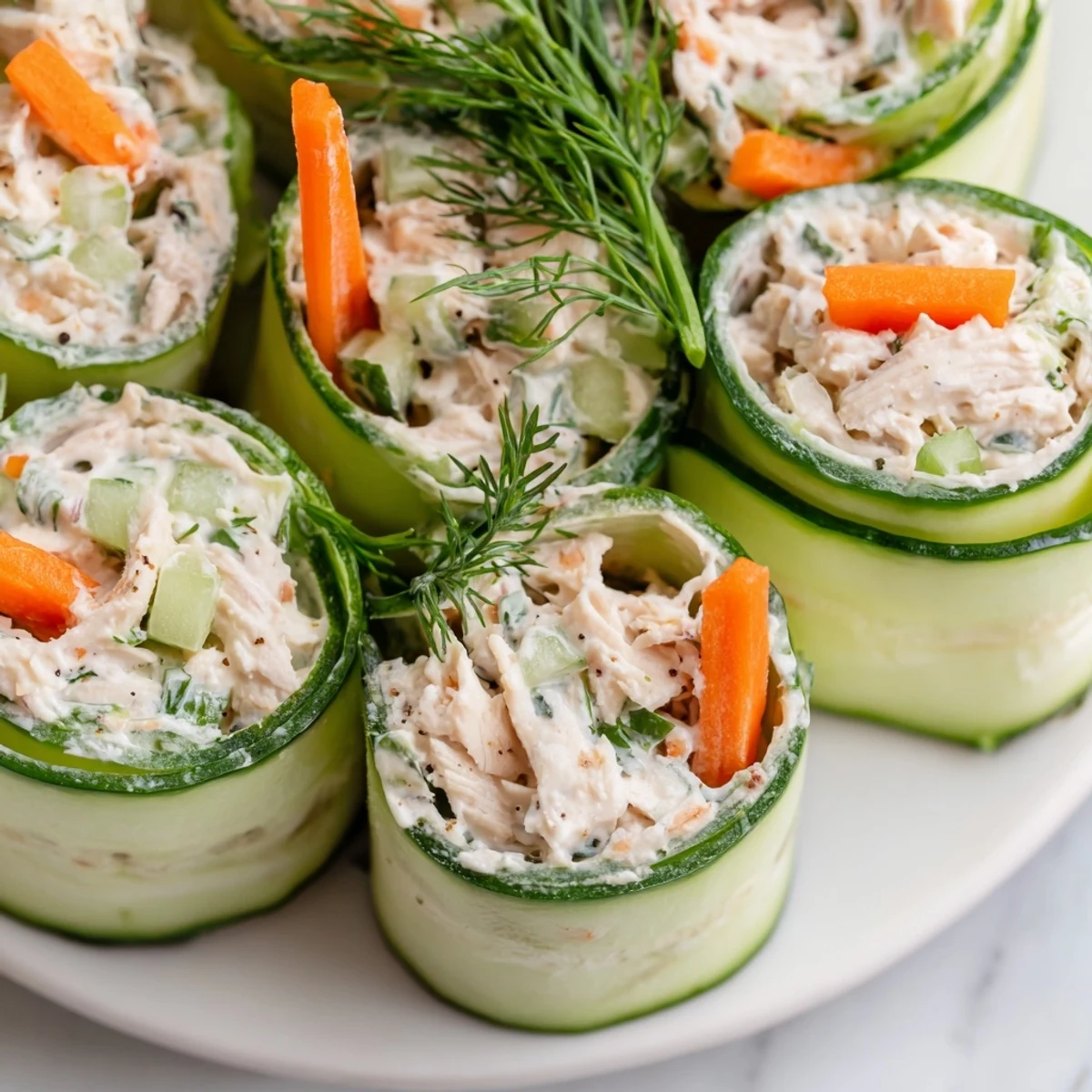 Light and refreshing chicken salad cucumber roll ups showcasing colorful julienned carrots peeking through spiraled cucumber layers on a decorative plate