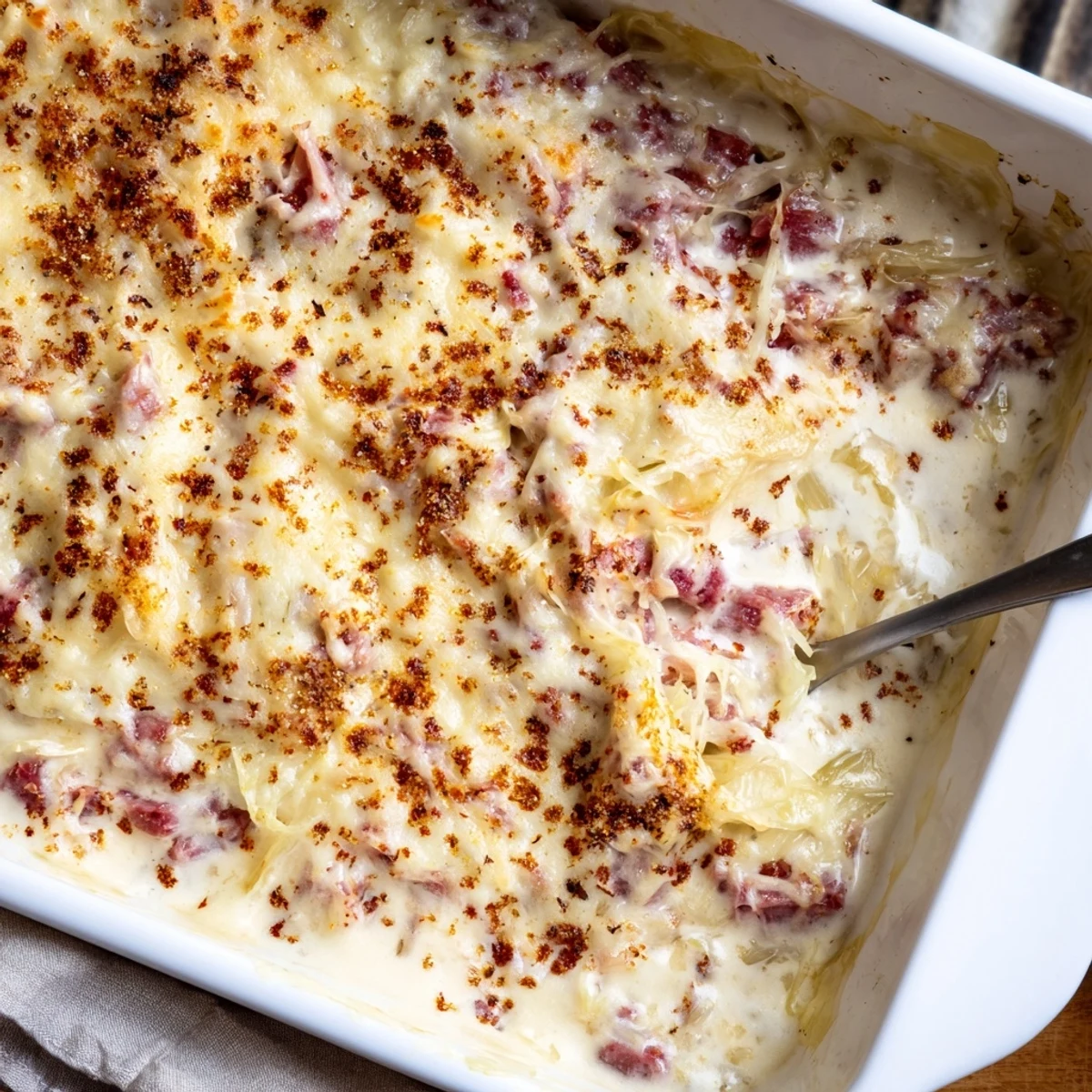 Golden bubbly creamy corned beef cabbage parmesan bake fresh from the oven with melted cheese topping