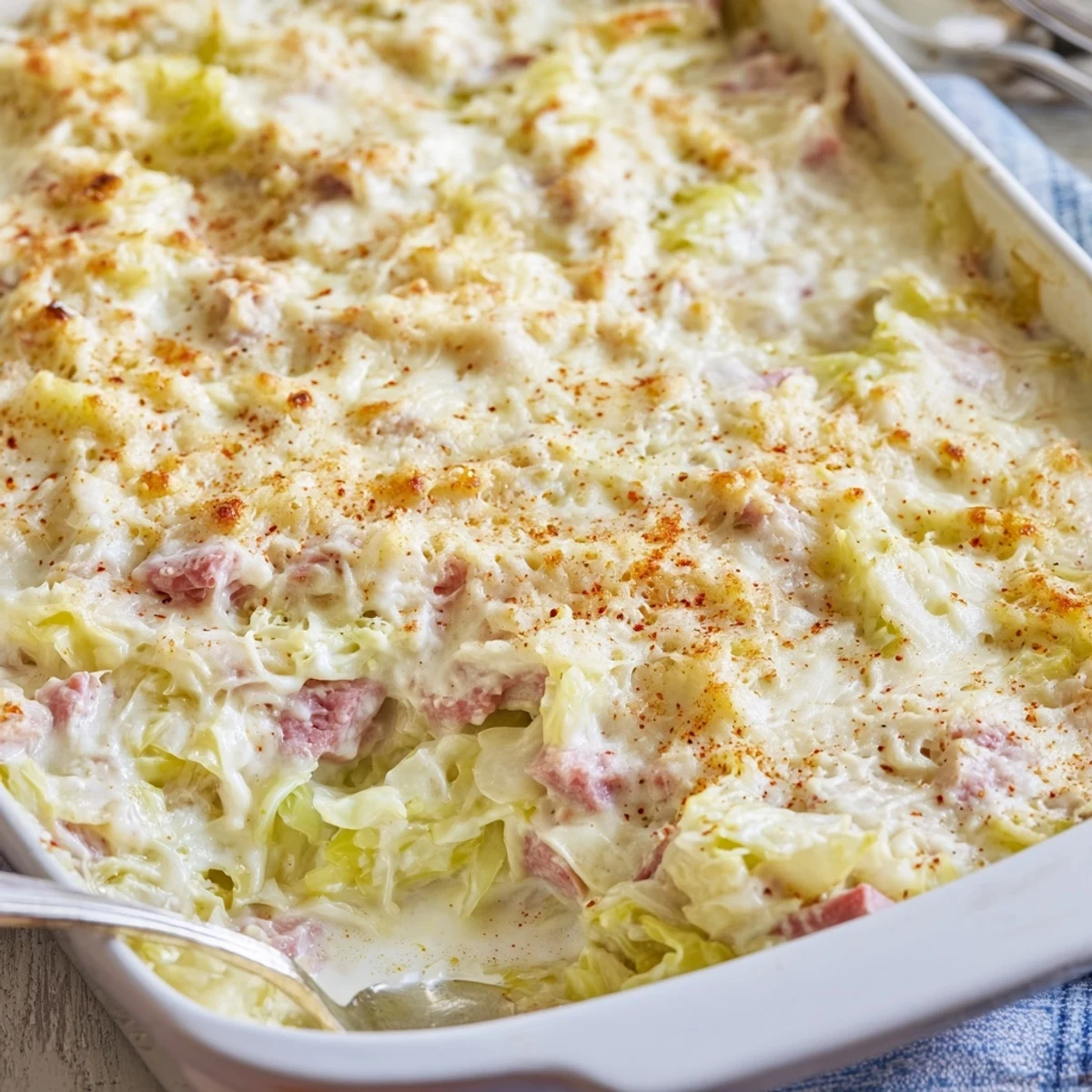 Creamy corned beef cabbage parmesan bake sprinkled with fresh parsley and served piping hot for dinner