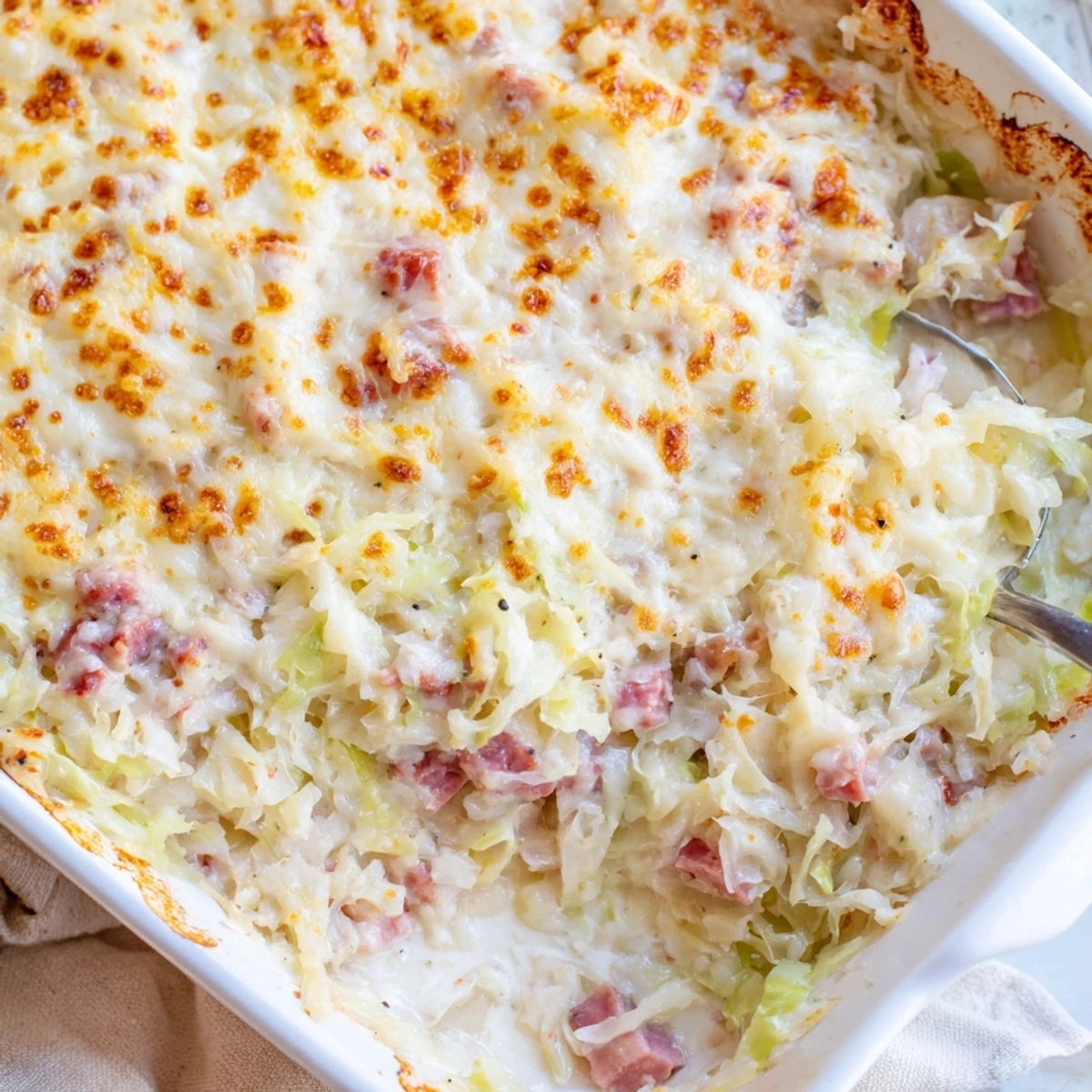 Hearty casserole dish featuring tender cabbage and savory corned beef in a rich creamy cheese sauce