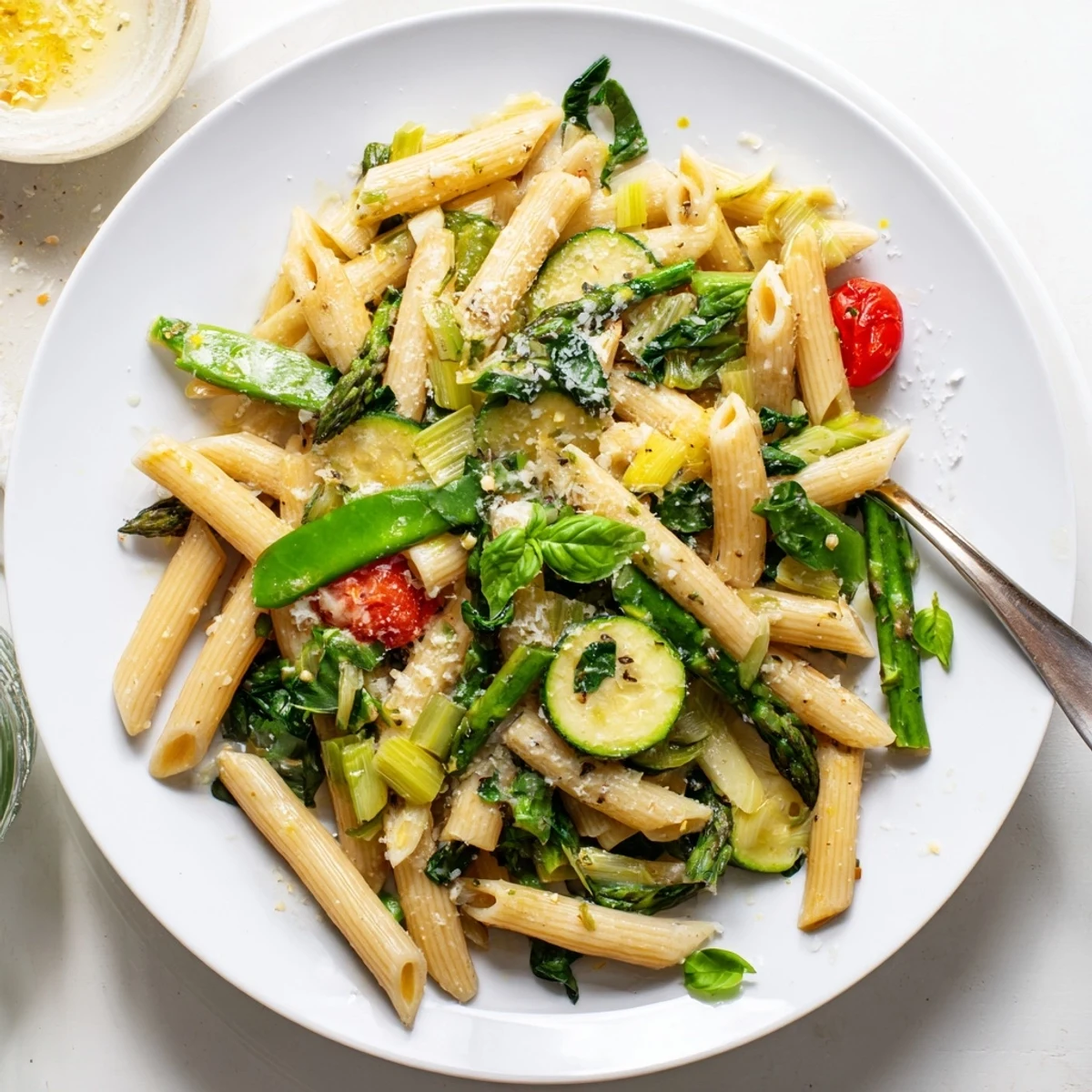 One pot spring vegetable pasta featuring tender asparagus, zucchini, and cherry tomatoes in a creamy broth