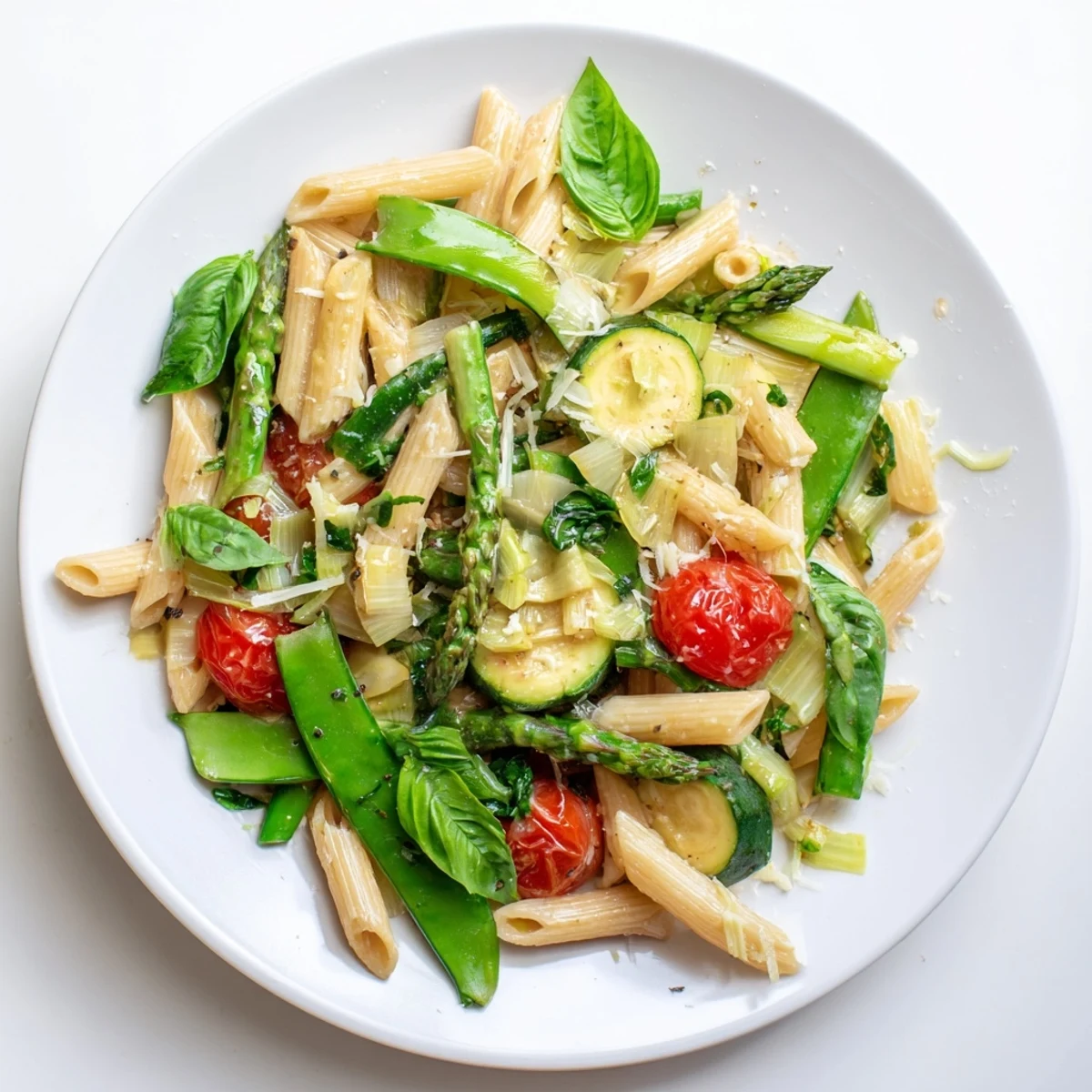 Vibrant spring vegetable pasta dish with penne, snap peas, and fresh herbs in a single skillet