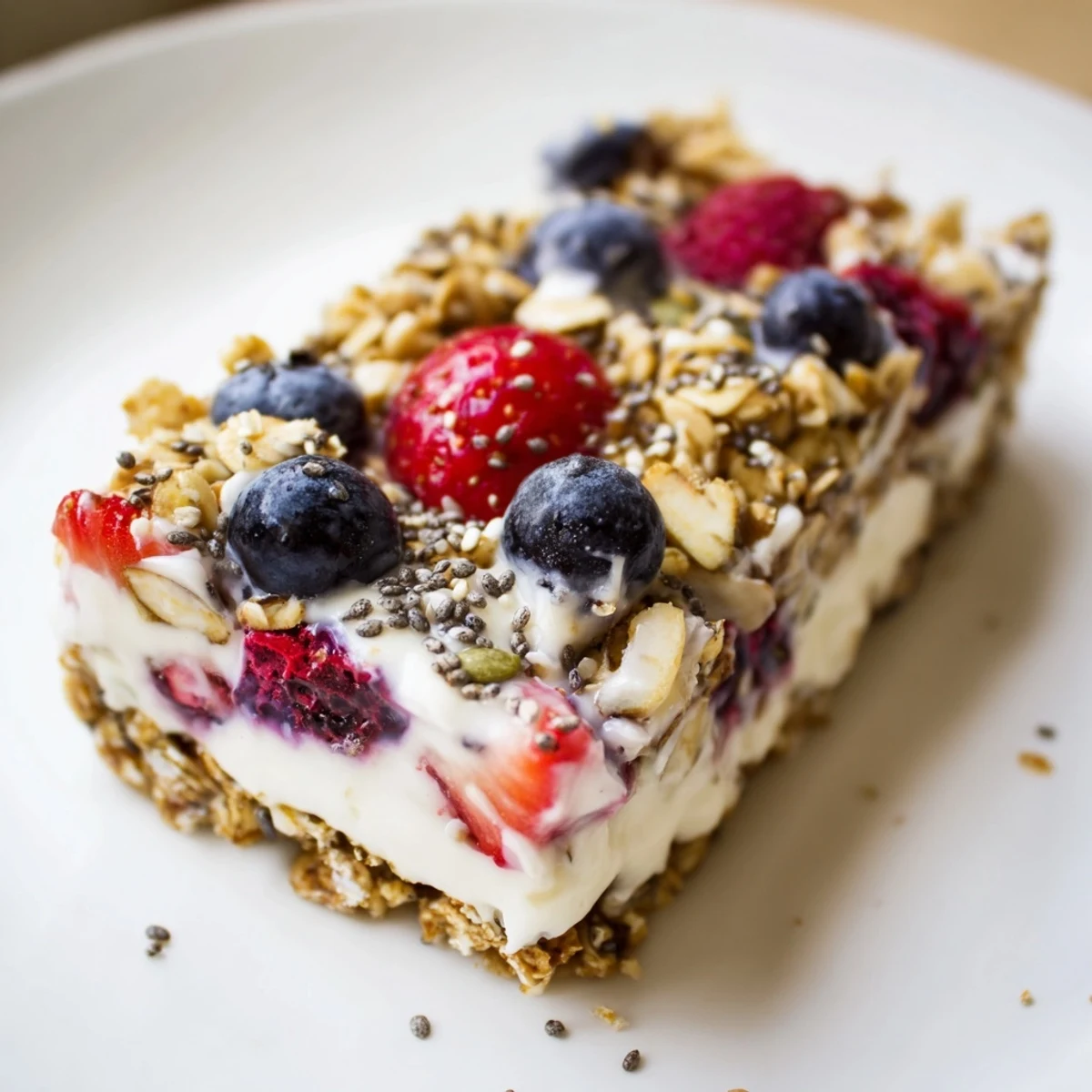 Sliced no bake frozen yogurt berry granola bars revealing colorful layered cross-section with strawberries and blueberries