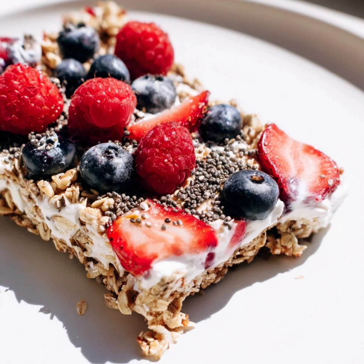 Square frozen yogurt bars topped with fresh mixed berries and crunchy granola base on parchment paper