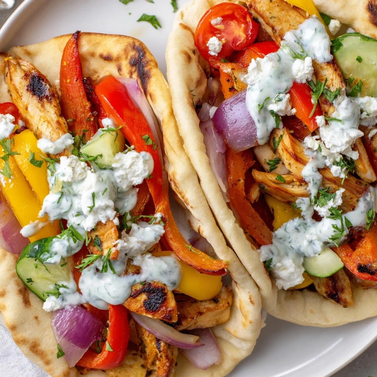 Golden roasted chicken and colorful vegetables stuffed inside warm pita bread with creamy herby ranch drizzle