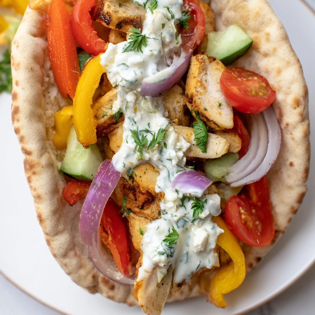 Sheet pan chicken pitas piled high with tender seasoned meat, bell peppers, and zesty yogurt ranch sauce