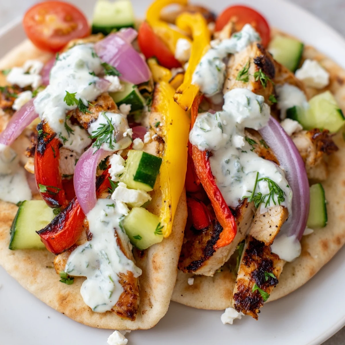 Mediterranean-style pita sandwiches loaded with spiced roasted chicken, caramelized onions, and fresh herb ranch topping