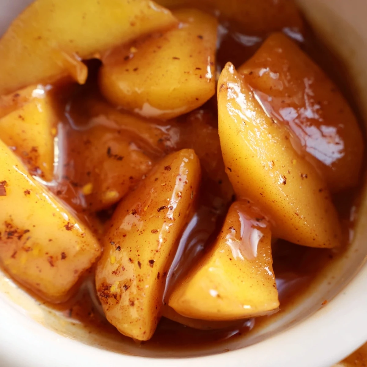Golden brown Instant Pot cinnamon apples nestled in a rich spiced syrup sauce