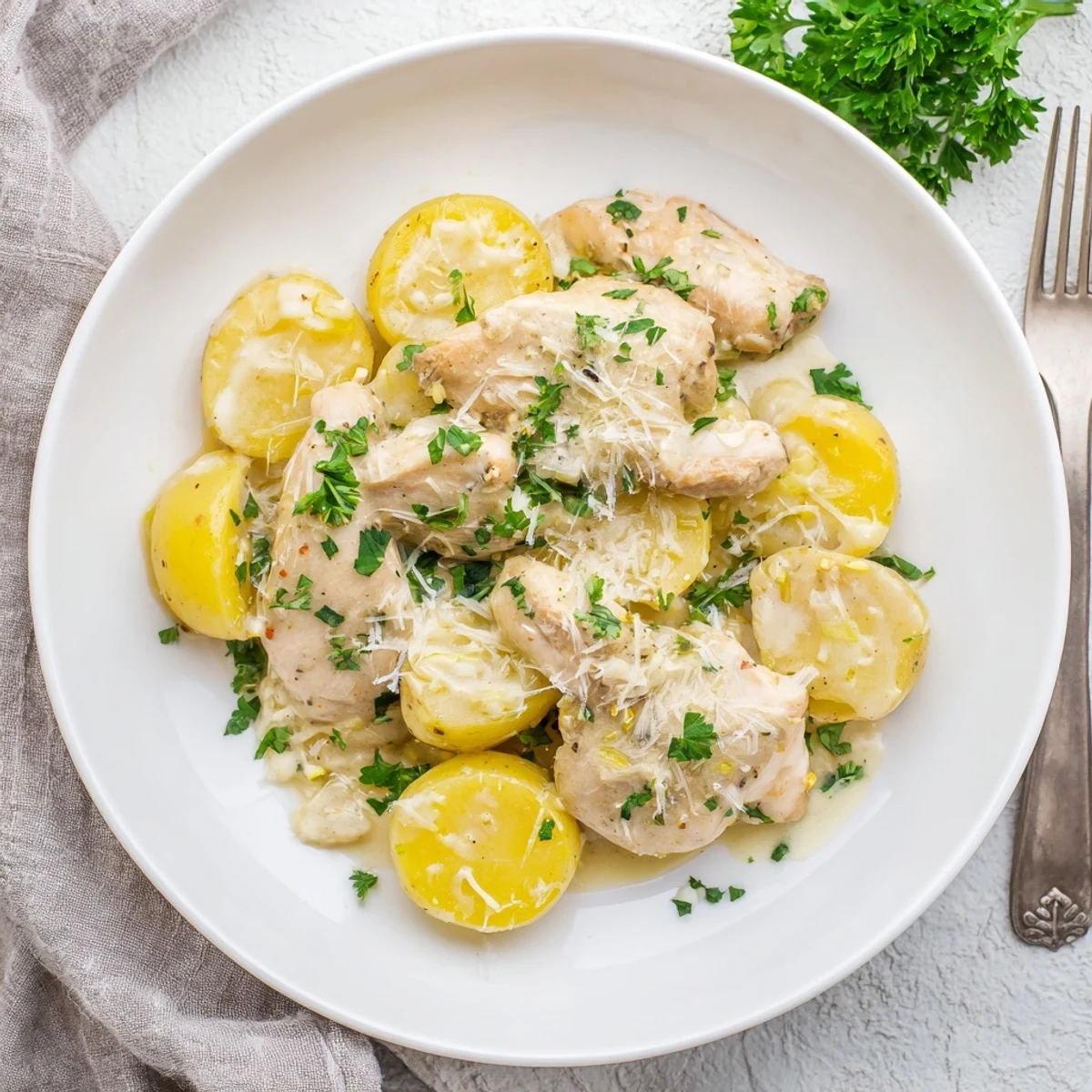 Golden slow cooker garlic parmesan chicken and potatoes served in a rustic ceramic bowl