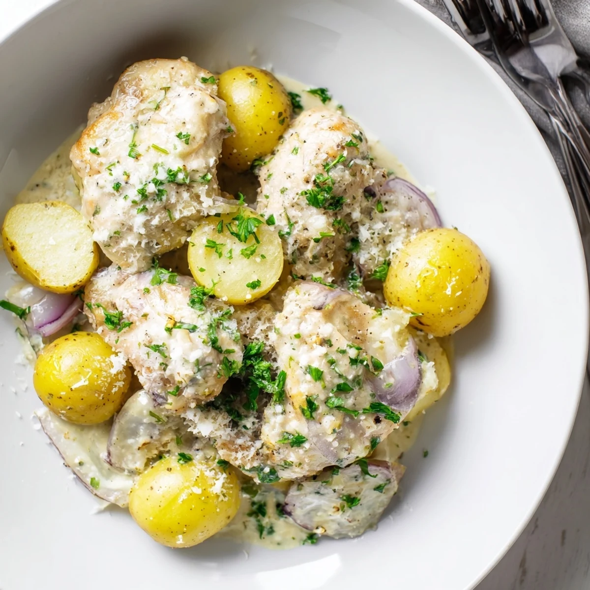Comforting one-pot meal featuring juicy seasoned chicken over creamy parmesan-infused potatoes and onions