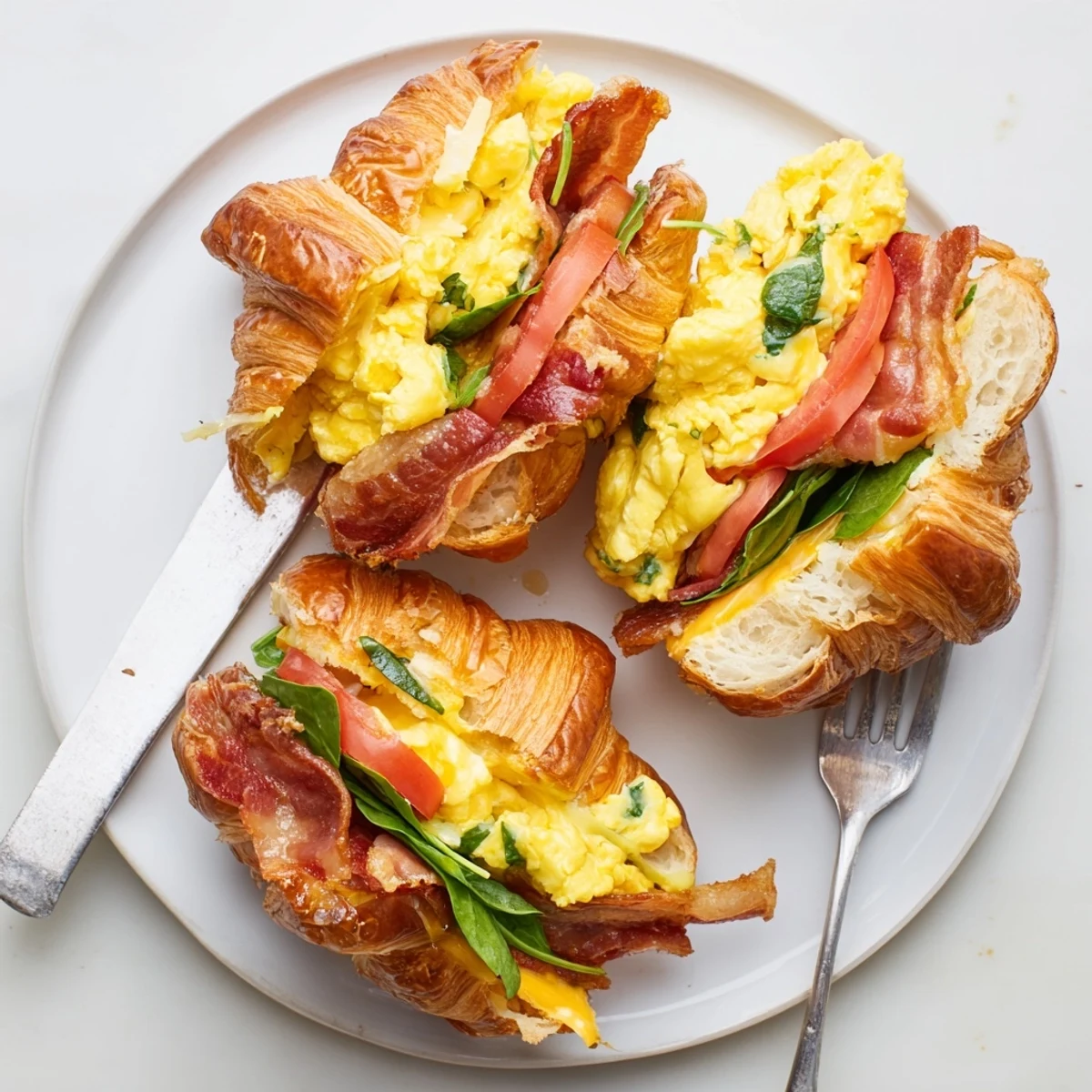 Golden croissant breakfast sandwiches loaded with fluffy scrambled eggs, crispy bacon, and melted cheddar cheese on a white plate