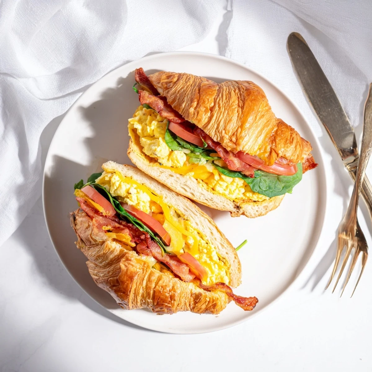 Flaky buttery croissant breakfast sandwiches featuring savory eggs, bacon slices, and fresh spinach stacked high for a hearty morning meal