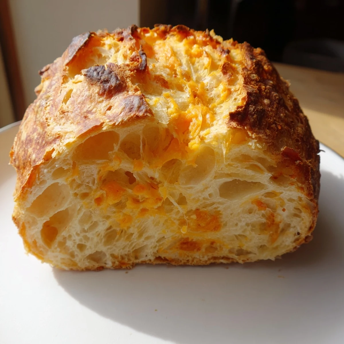 Golden no knead cheddar bread with crackling crust and melted cheese pockets