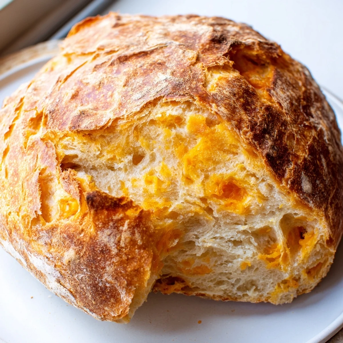 Rustic no knead cheddar bread loaf sliced to reveal tender cheesy interior