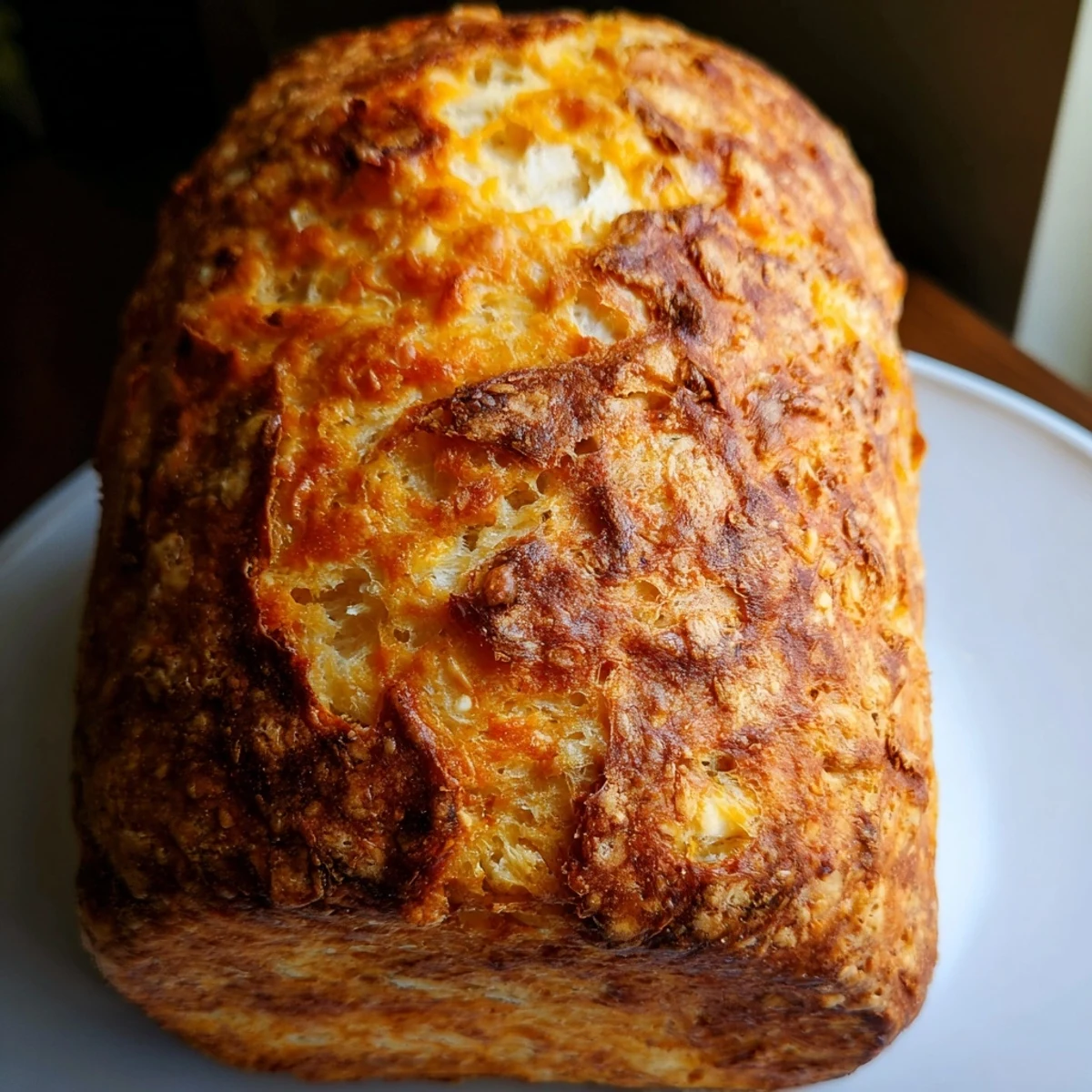 Homemade no knead cheddar bread fresh from oven with deep golden crust