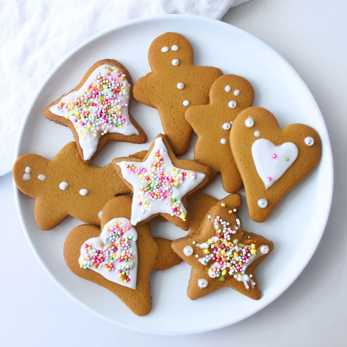 Soft spiced classic cut out gingerbread cookies arranged on a white plate with festive shapes and piped vanilla icing details