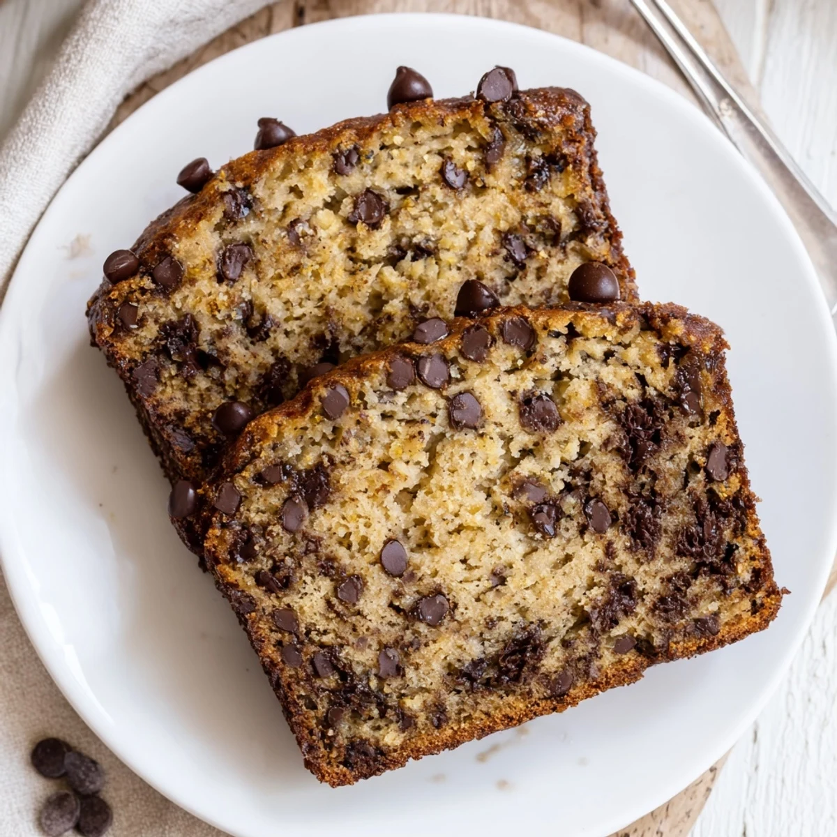 Slice of moist chocolate chip banana bread showing gooey chips inside the crumb