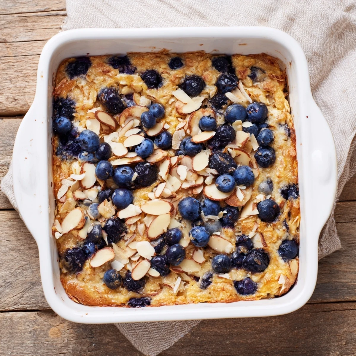 Golden blueberry cottage cheese breakfast bake with juicy berries and oat crumble topping