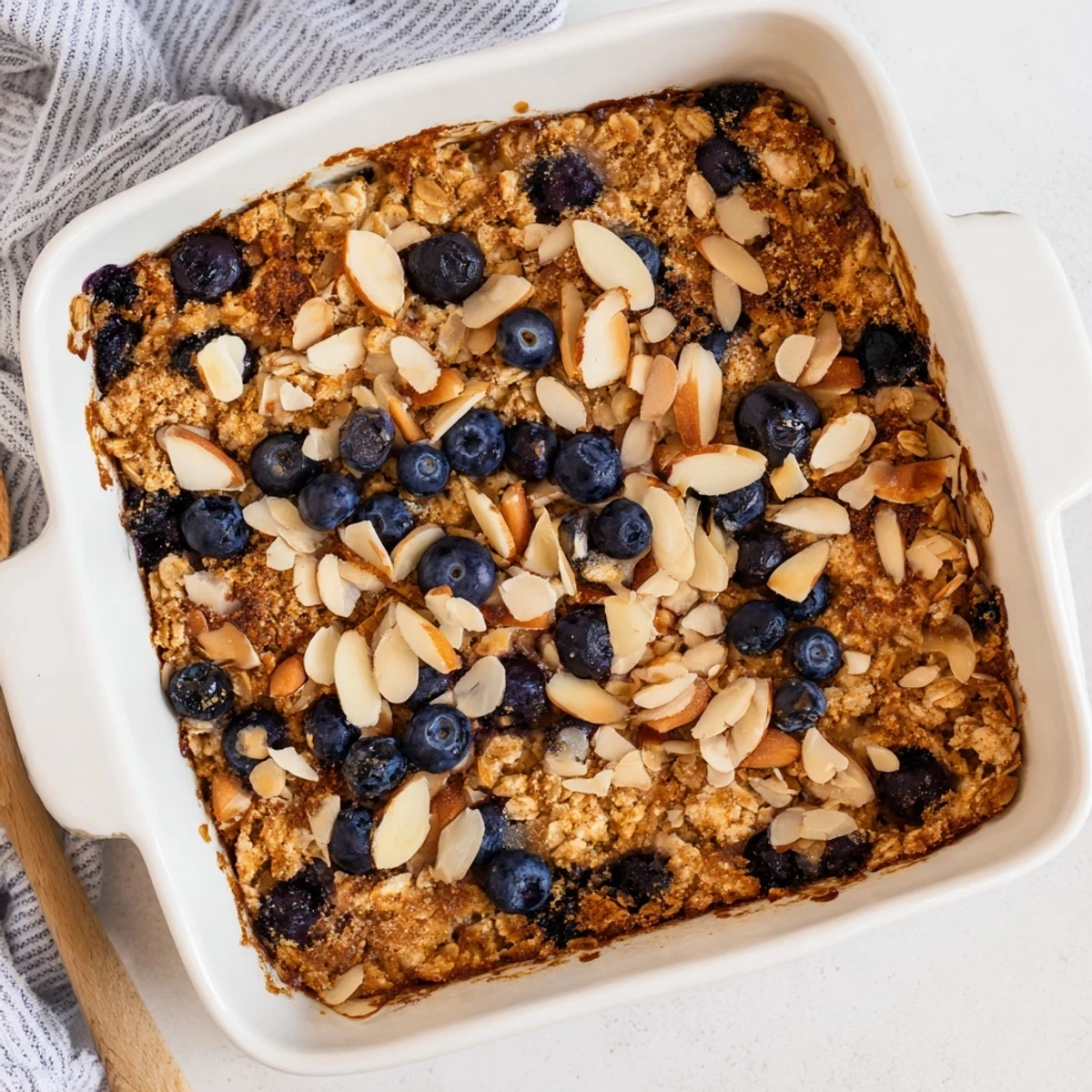 Sliced blueberry cottage cheese breakfast bake served warm with a drizzle of maple syrup