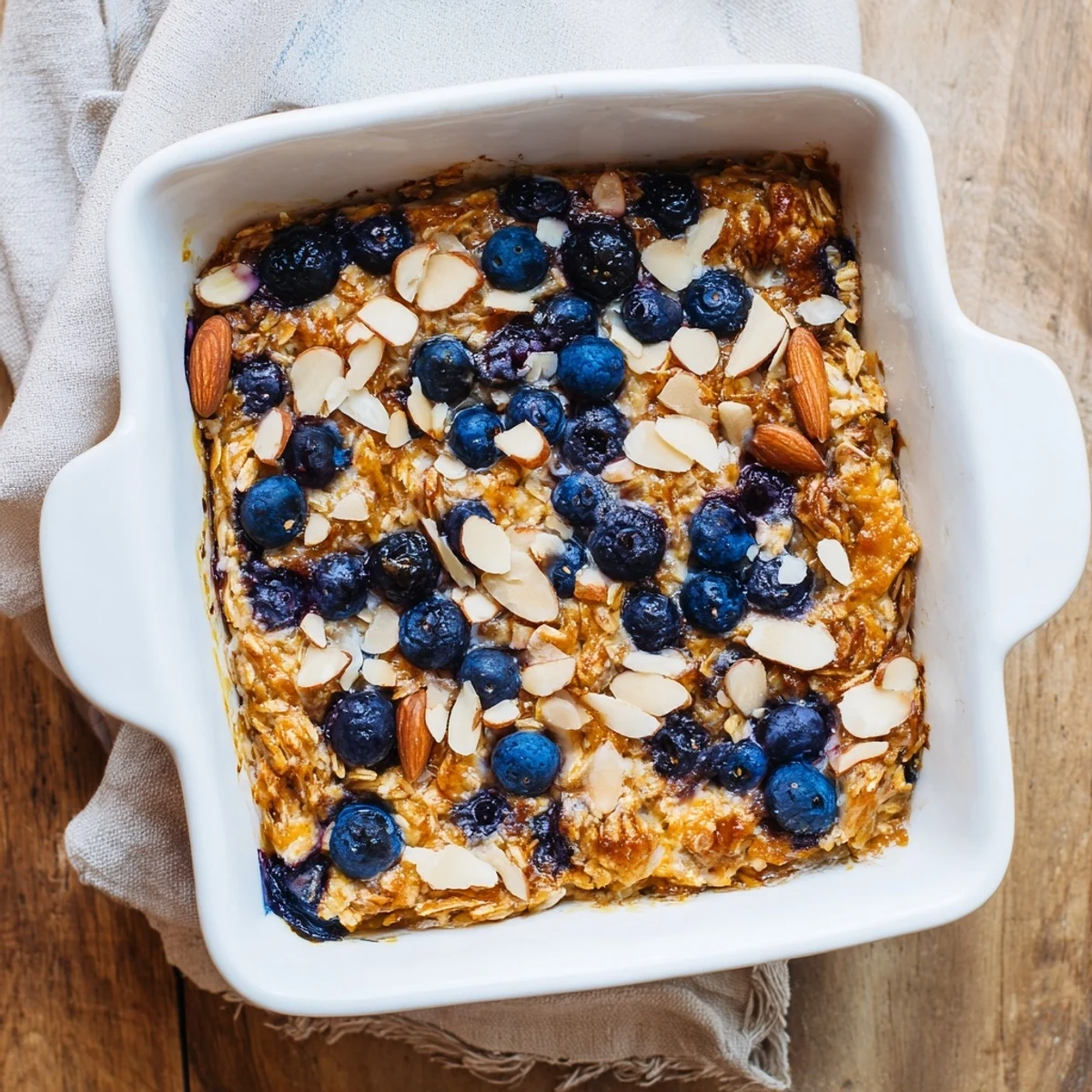 Baked blueberry cottage cheese breakfast casserole with tender oats and plump fruit bursting throughout