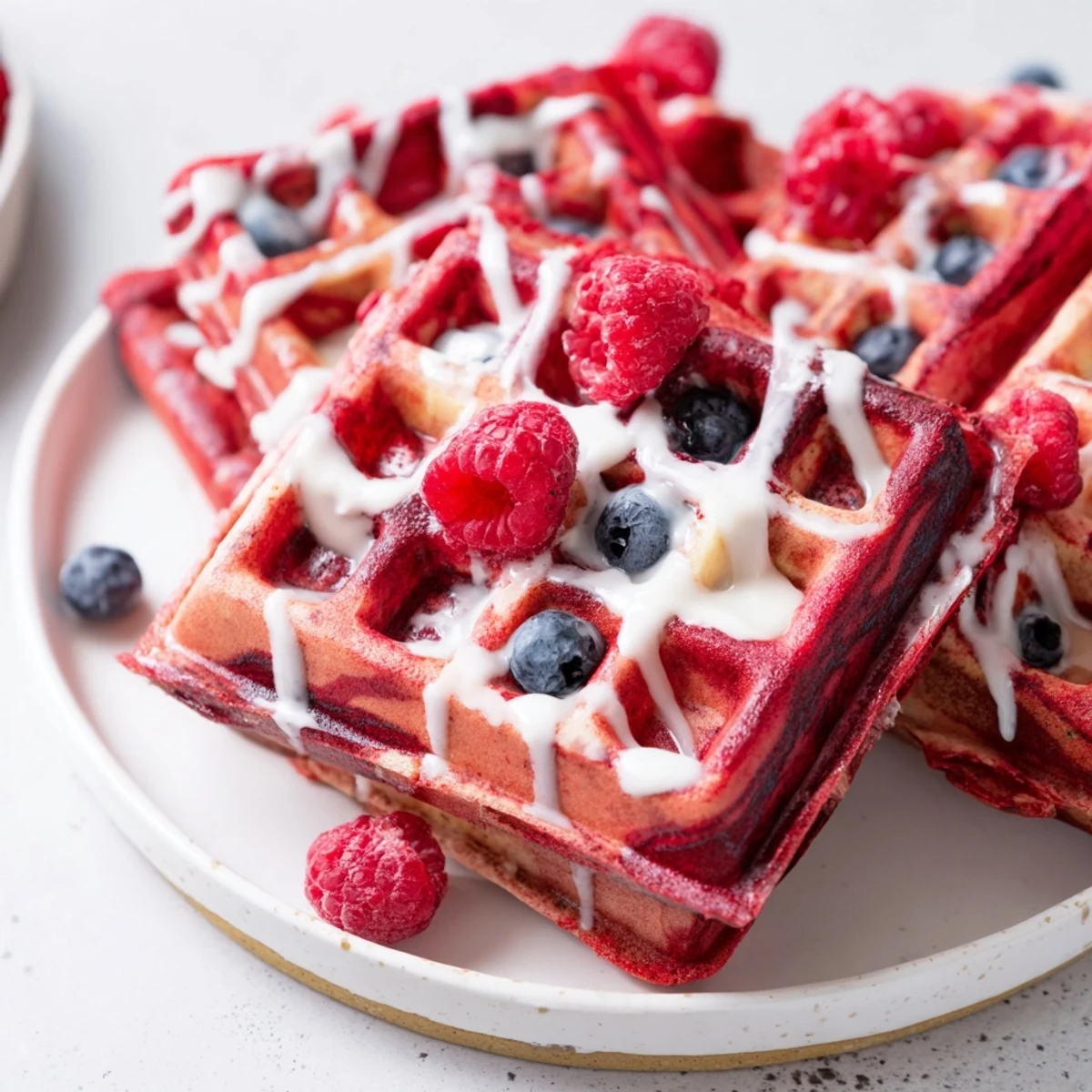 Golden red velvet marble waffles with swirling vanilla patterns topped with cream cheese glaze