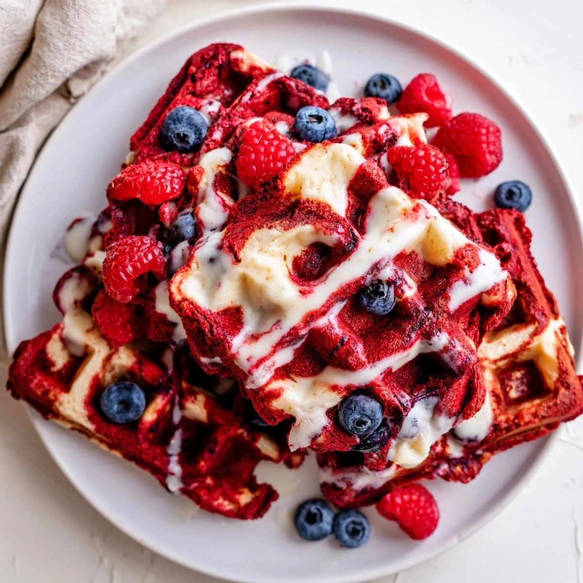 Crispy red velvet marble waffles featuring beautiful red and white marbled patterns on a white plate