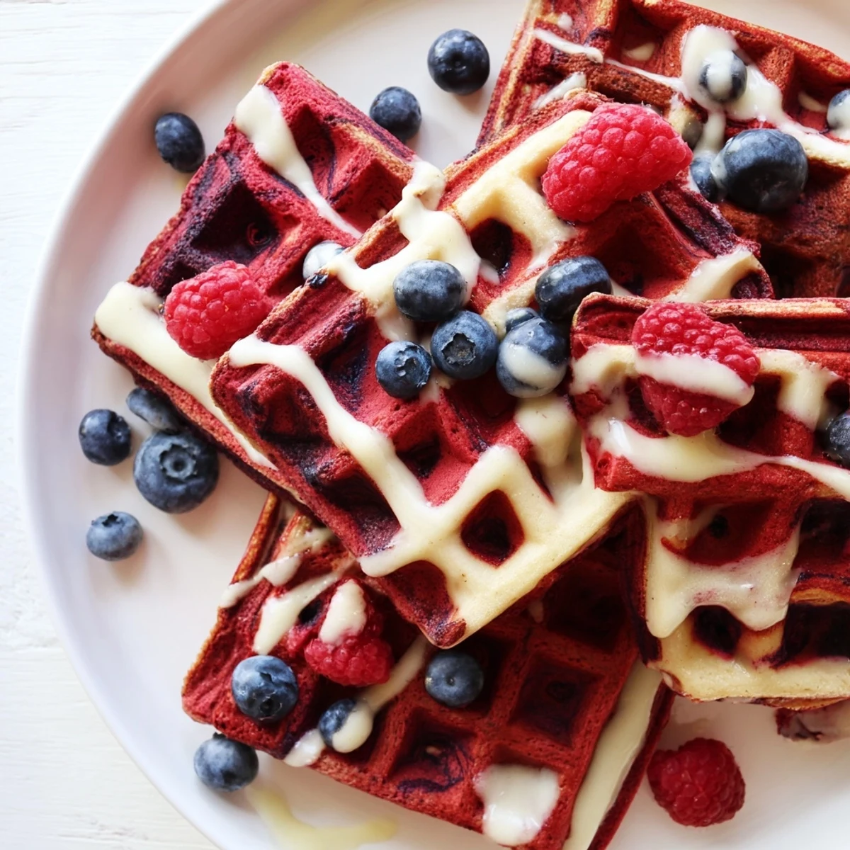 Stack of warm red velvet marble waffles drizzled with sweet maple syrup and fresh berries