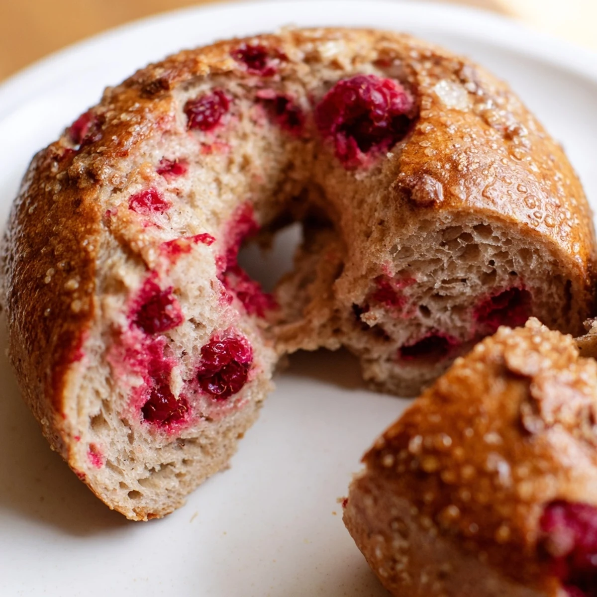 Freshly baked raspberry sourdough bagels with golden crusts and juicy red berry pieces visible throughout