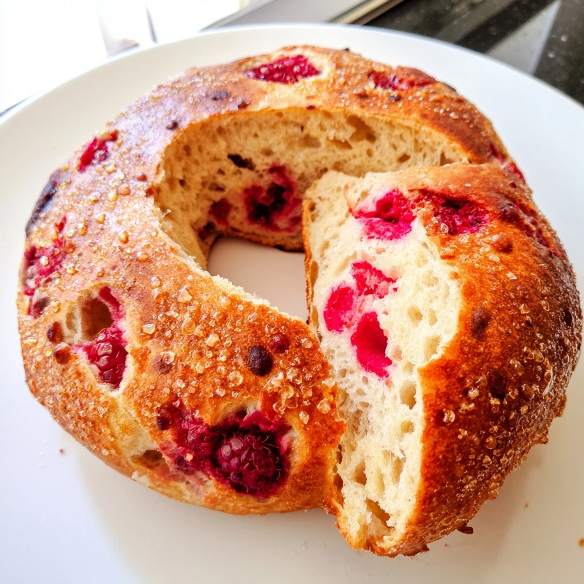 Homemade raspberry sourdough bagels cooling on a wire rack after boiling and baking to chewy perfection