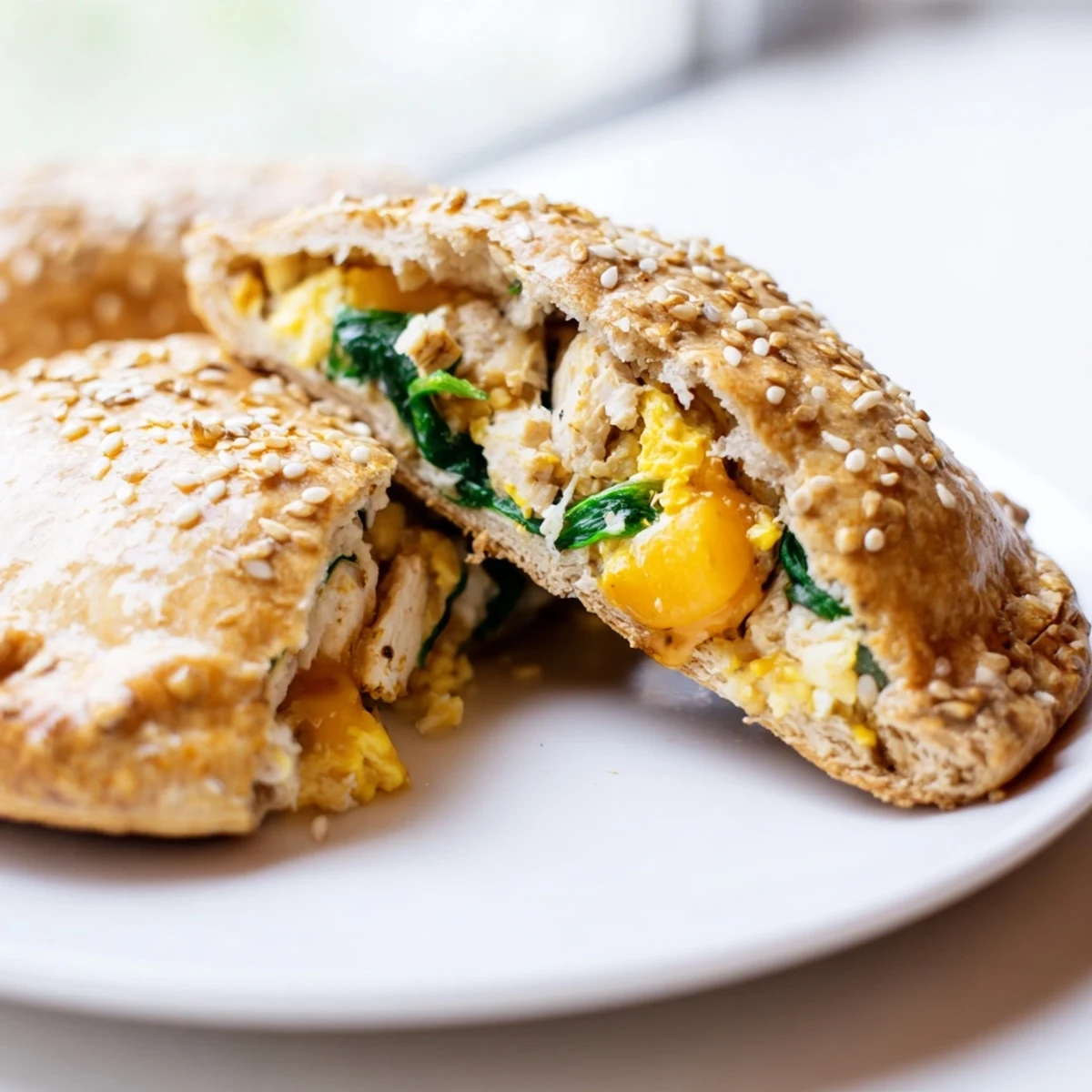 Golden high protein breakfast hot pockets fresh from oven with melted cheese and egg filling visible