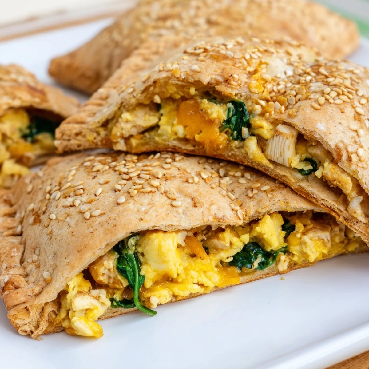 Baked high protein breakfast hot pockets sprinkled with sesame seeds on parchment paper ready for meal prep