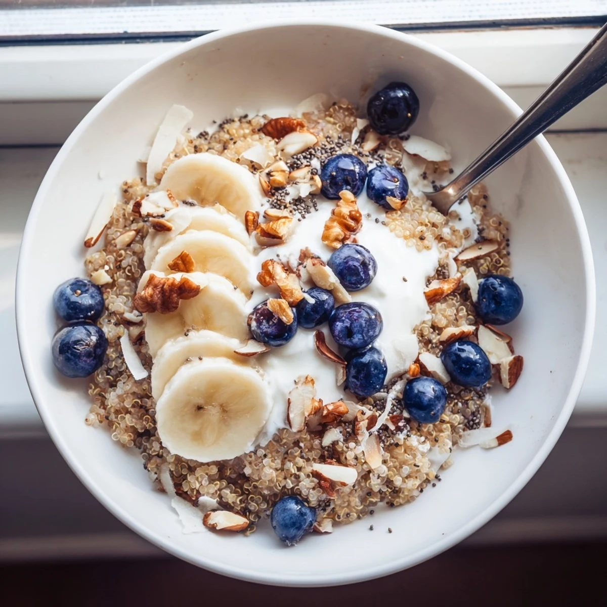 Creamy blueberry quinoa breakfast bowl topped with fresh berries banana slices crunchy almonds and chia seeds