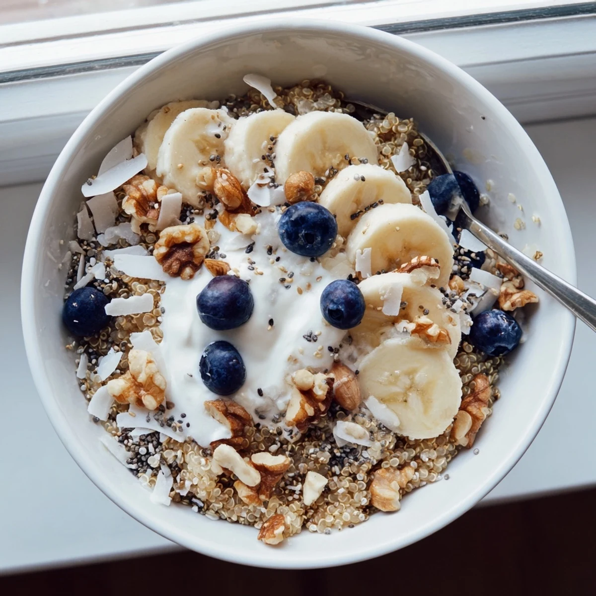 Vibrant blueberry quinoa breakfast bowl featuring fluffy quinoa sweet blueberries shredded coconut and maple syrup drizzle