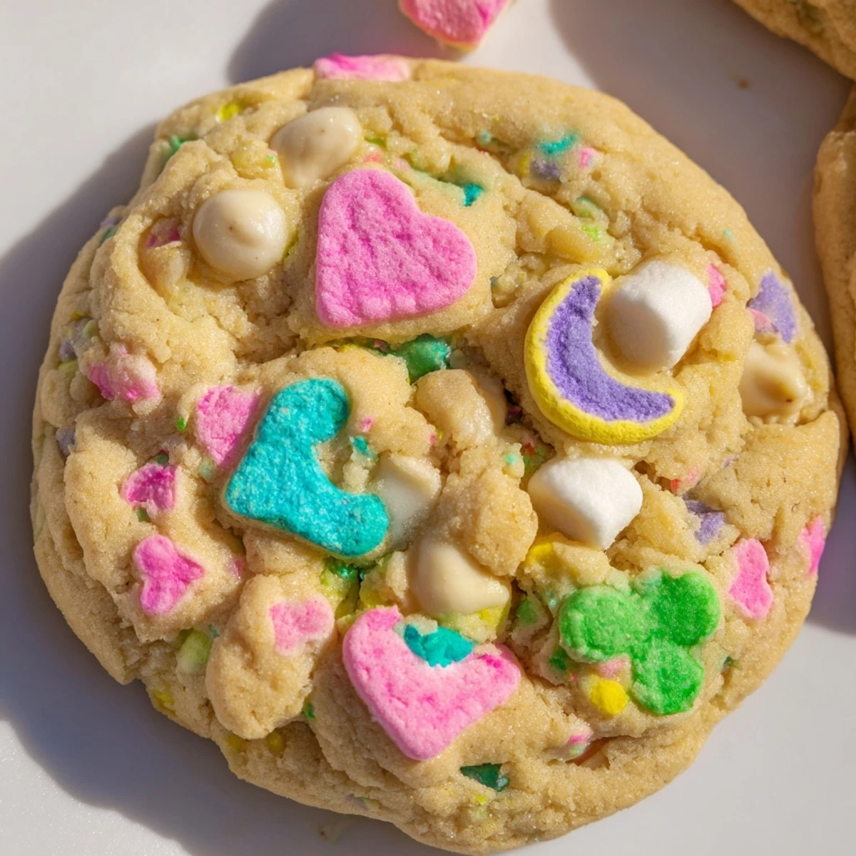 Soft Lucky Charms cookies studded with colorful marshmallows on a white plate