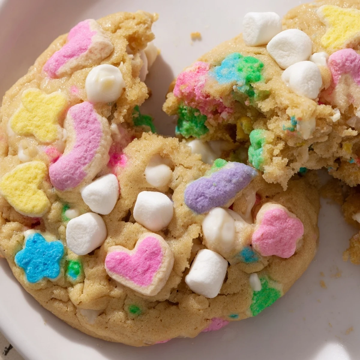 Chewy homemade Lucky Charms cookies topped with vibrant rainbow marshmallow bits