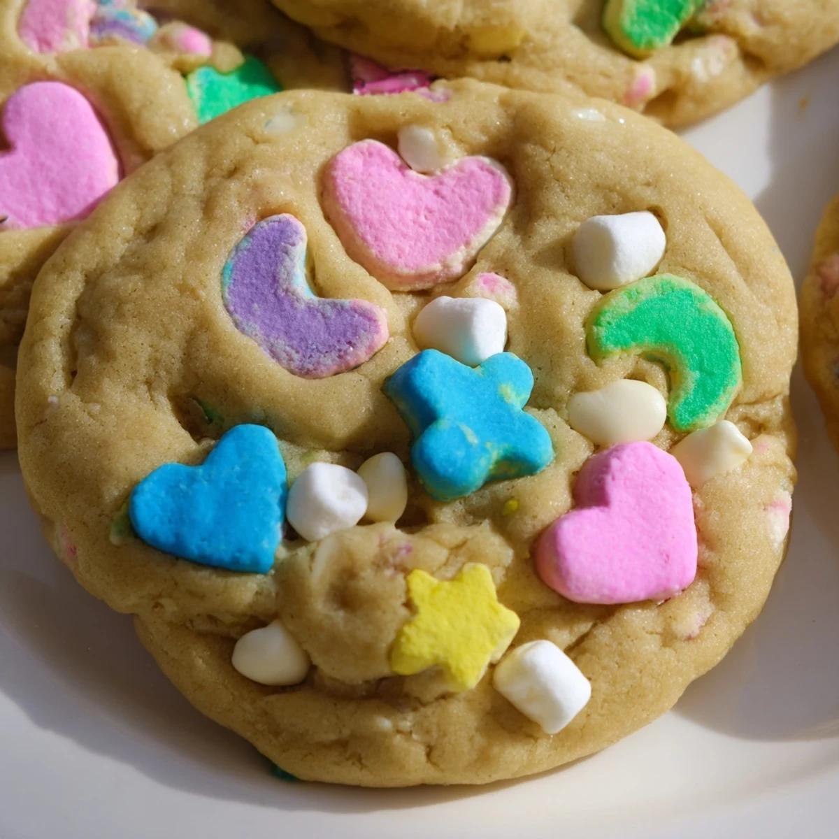 Golden Lucky Charms cookies bursting with colorful cereal marshmallows for dessert