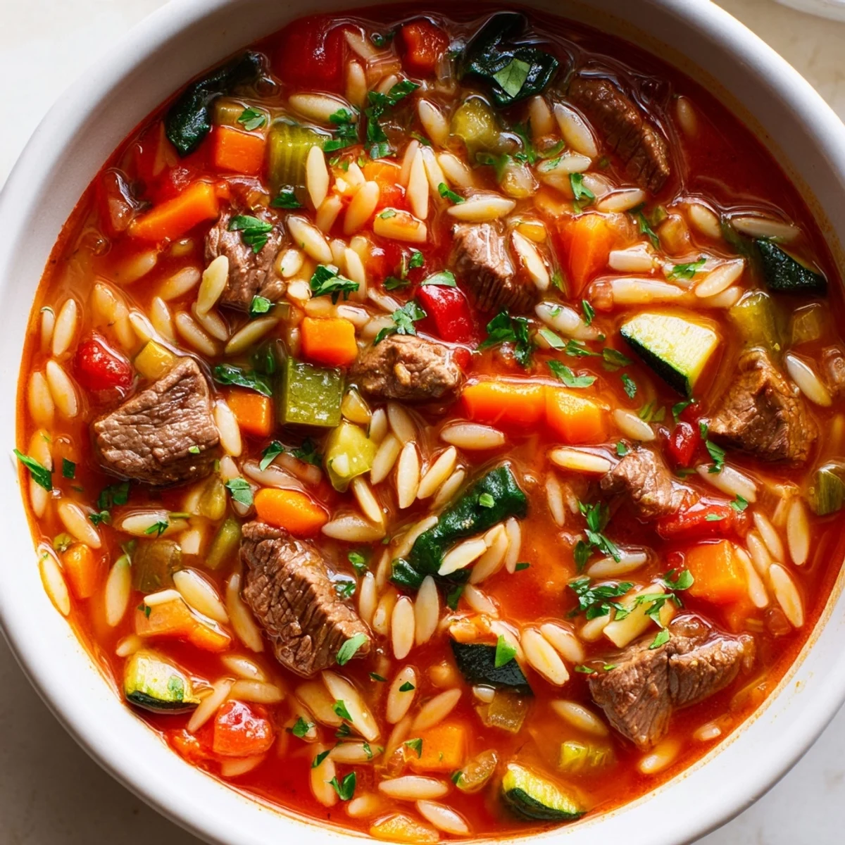 Hearty beef and orzo soup brimming with colorful garden vegetables in steaming savory broth