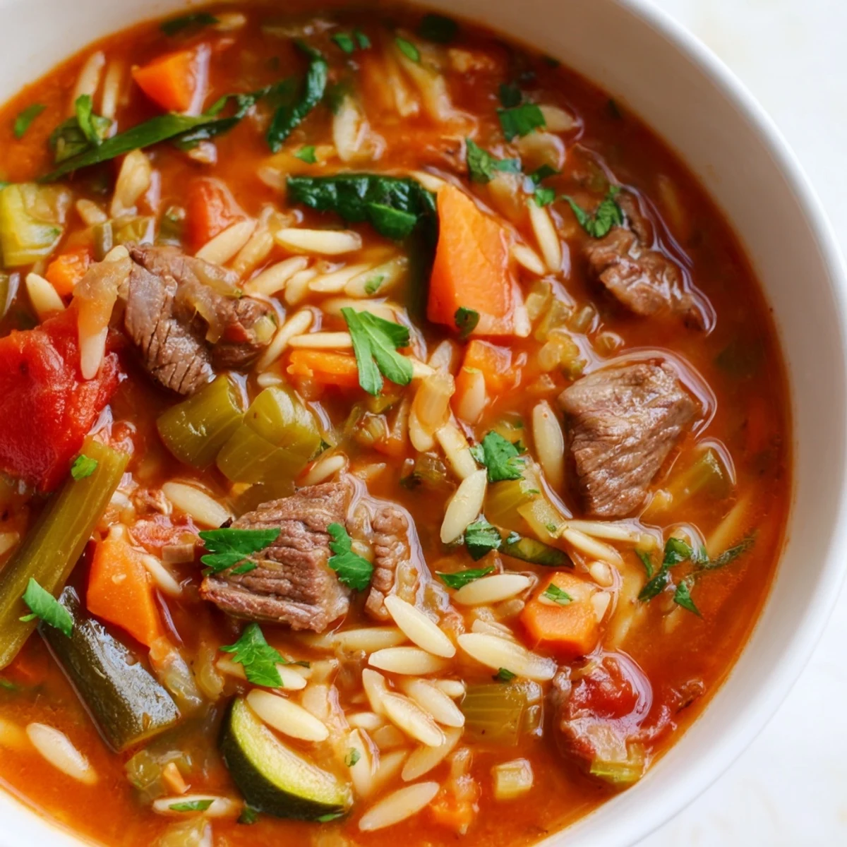 Warm bowl of hearty beef and orzo soup garnished with fresh parsley and vibrant veggies