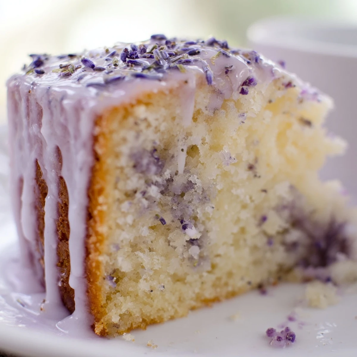 A slice of lavender cake with lemon glaze on a white ceramic plate