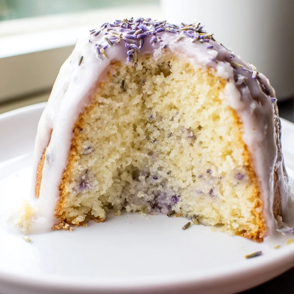 Soft lavender cake topped with drizzled lemon icing and scattered purple buds