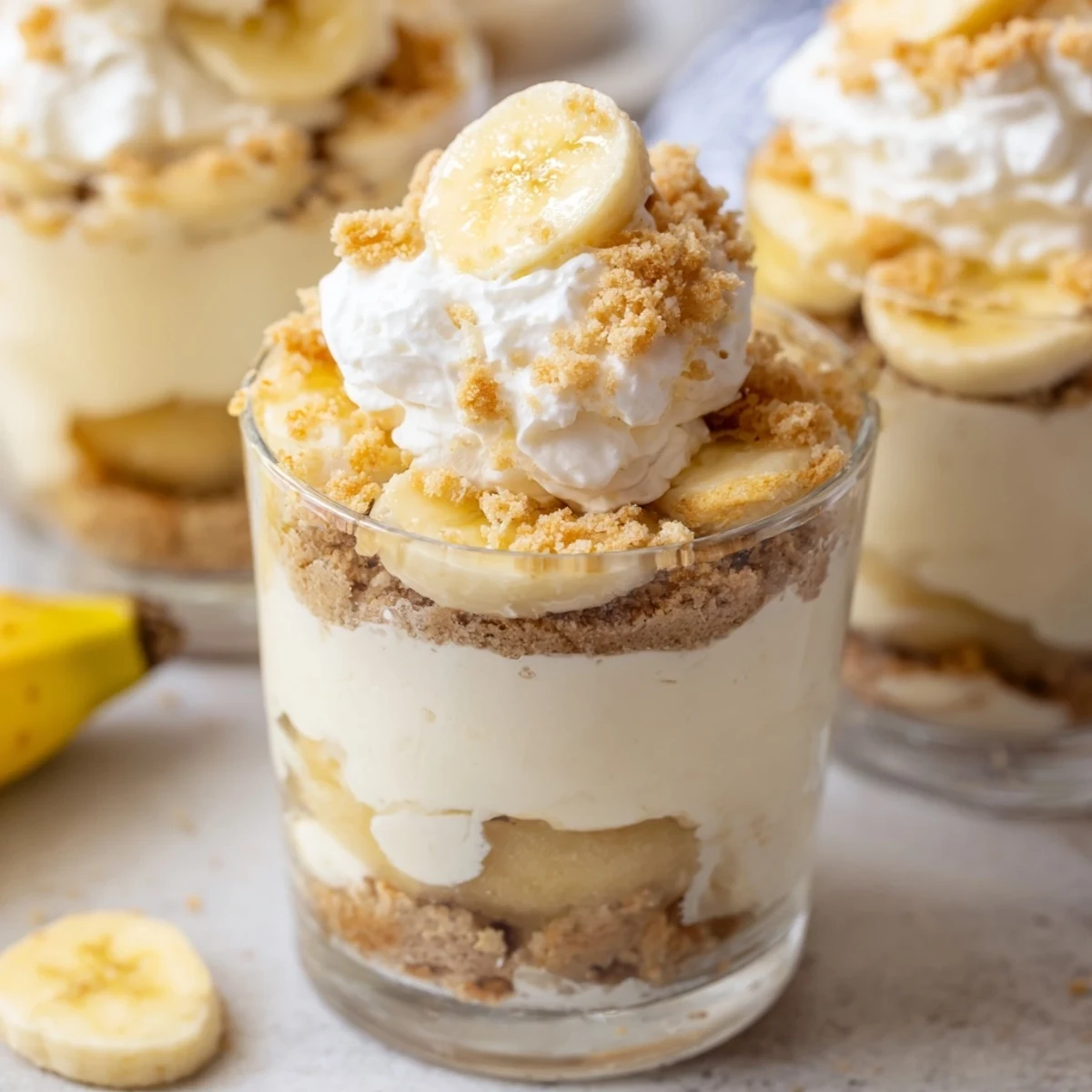 Individual No Bake Banana Pudding Cheesecake Cups layered with silky filling and golden cookie crumble topping