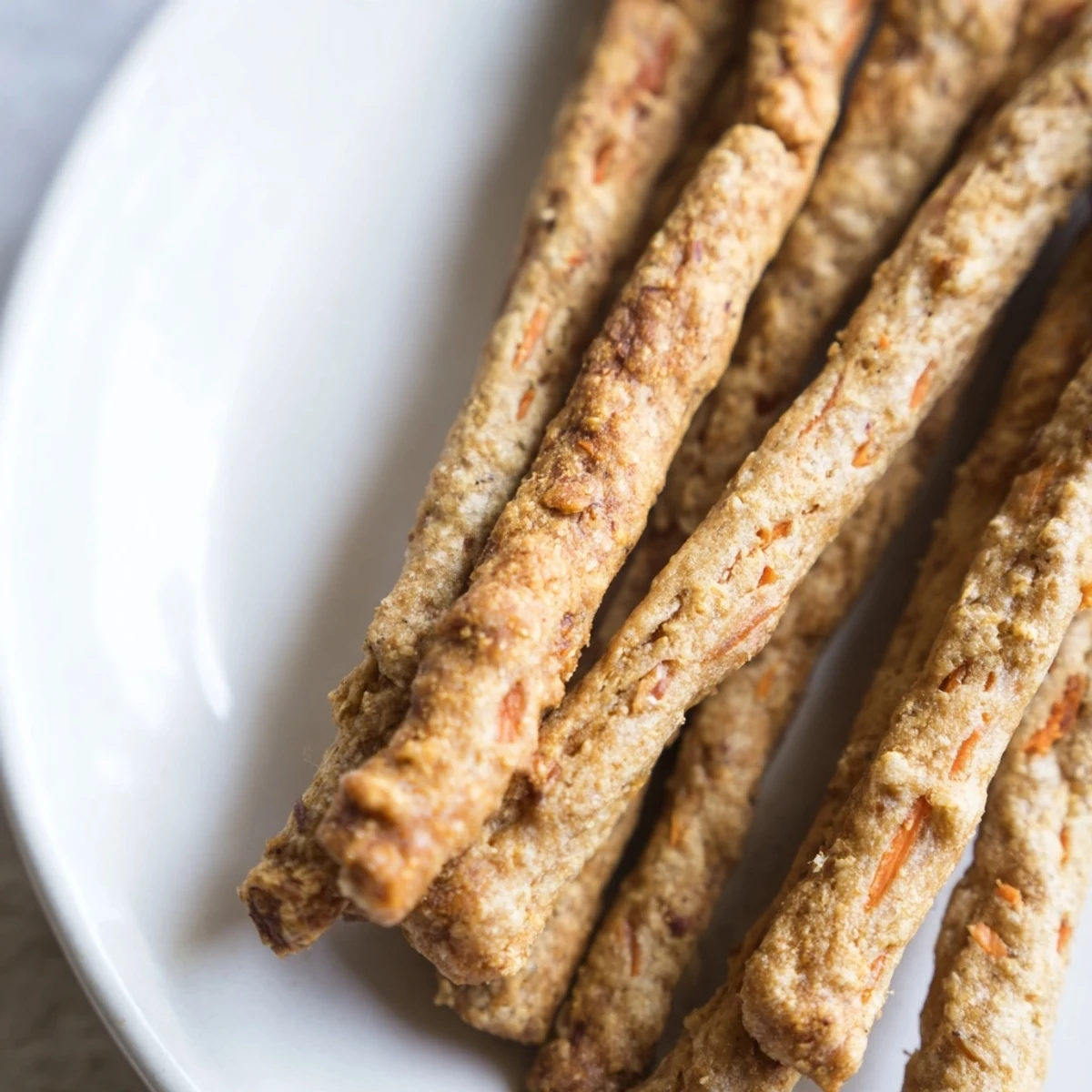 Golden brown apple and carrot dog chew sticks arranged on parchment paper for homemade treats