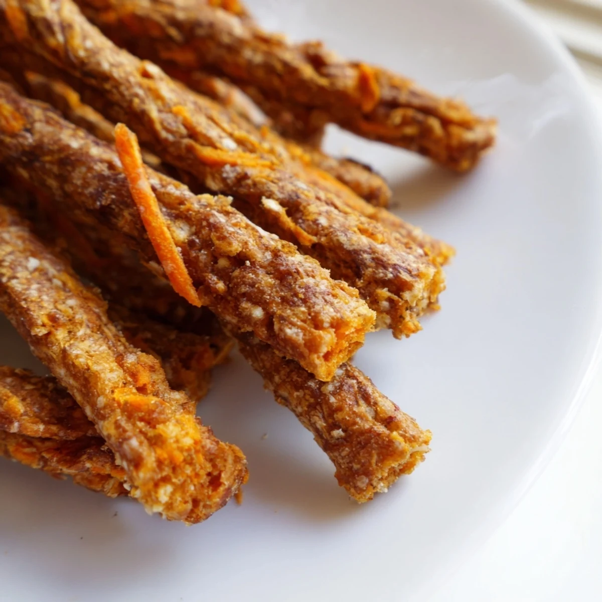 Crunchy apple and carrot dog chew sticks cooling on a baking sheet after baking