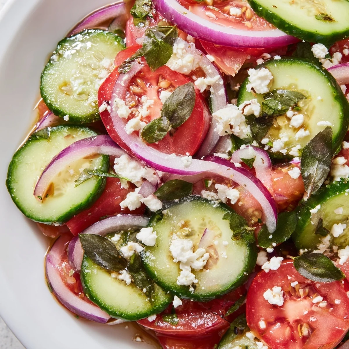 Italian cucumber salad with crisp vegetables and zesty herb dressing in white serving bowl
